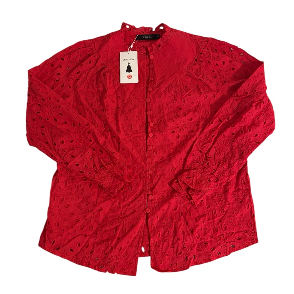 Women's Red Eyelit Vneck Button down Blouse Medium